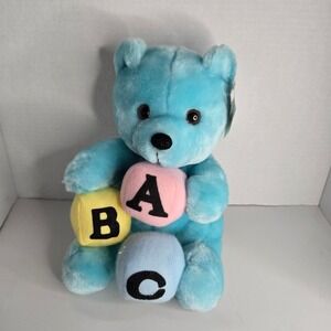 Goffa Vintage ABC Blocks Bear Blue Plush Stuffed Animal With Hang Tag 10"